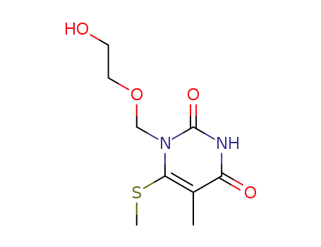 Molecular Structure of 125056-71-5 (1-[(2-hydroxyethoxy)methyl]-5-methyl-6-(methylsulfanyl)pyrimidine-2,4(1H,3H)-dione)
