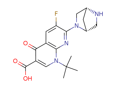 116143-32-9,1-tert-butyl-7-[(1R,4R)-2,5-diazabicyclo[2.2.1]hept-2-yl]-6-fluoro-4-oxo-1,4-dihydro-1,8-naphthyridine-3-carboxylic acid,1,8-Naphthyridine-3-carboxylicacid,7-(2,5-diazabicyclo[2.2.1]hept-2-yl)-1-(1,1-dimethylethyl)-6-fluoro-1,4-dihydro-4-oxo-,(1R)-; 2,5-Diazabicyclo[2.2.1]heptane, 1,8-naphthyridine-3-carboxylic acidderiv.; BMY 40062