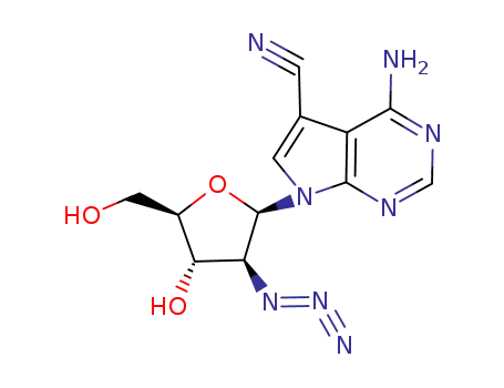 Molecular Structure of 127880-85-7 (4-amino-7-(2-azido-2-deoxy-beta-D-arabinofuranosyl)-7H-pyrrolo[2,3-d]pyrimidine-5-carbonitrile)