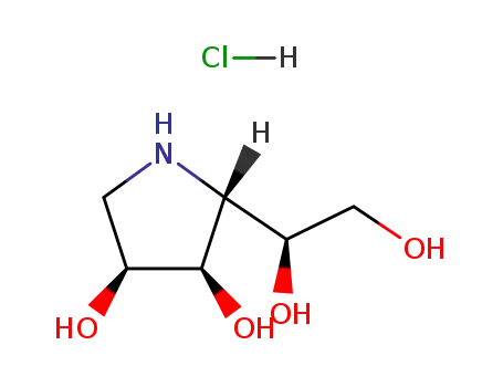 Molecular Structure of 117770-16-8 (3,4-Pyrrolidinediol,2-[(1S)-1,2-dihydroxyethyl]-, hydrochloride (1:1), (2R,3R,4S)-)