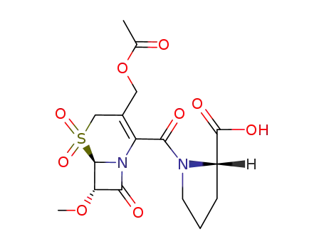 Molecular Structure of 116507-04-1 (1-({(6R,7S)-3-[(acetyloxy)methyl]-7-methoxy-5,5-dioxido-8-oxo-5-thia-1-azabicyclo[4.2.0]oct-2-en-2-yl}carbonyl)-L-proline)