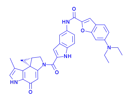 Molecular Structure of 119813-15-9 (6-(diethylamino)-N-(2-{[(3bR)-3-methyl-8-oxo-1,4a,5,8-tetrahydrocyclopropa[c]pyrrolo[3,2-e]indol-6(4H)-yl]carbonyl}-1H-indol-5-yl)-1-benzofuran-2-carboxamide)
