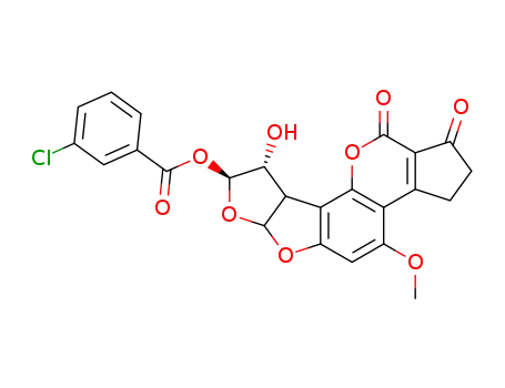 Molecular Structure of 64267-66-9 (Benzoic acid,3-chloro-,1,2,3,6a,8,9,9a,11-octahydro-9-hydroxy-4-methoxy-1,11-dioxocyclopenta[c]furo[3',2':4,5]furo[2,3-h][1]benzopyran-8-ylester, [6aS-(6aa,8b,9a,9aa)]- (9CI))