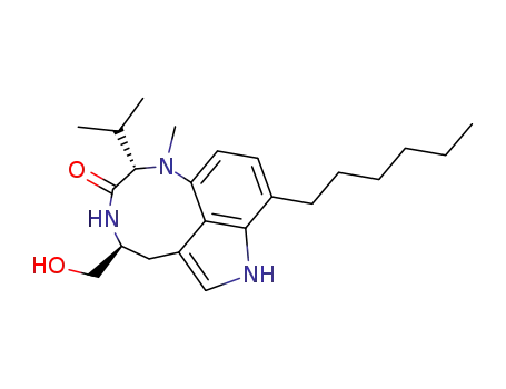 Molecular Structure of 121706-11-4 ((2S,5S)-9-hexyl-5-(hydroxymethyl)-1-methyl-2-(propan-2-yl)-1,2,4,5,6,8-hexahydro-3H-[1,4]diazonino[7,6,5-cd]indol-3-one)