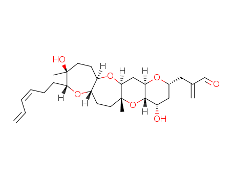 122271-91-4,hemibrevetoxin B,Oxepino[3,2-b]pyrano[2',3':5,6]pyrano[2,3-f]oxepin-2-propanal,9-(3,5-hexadienyl)hexadecahydro-4,10-dihydroxy-5a,10-dimethyl-a-methylene-, [2R-[2a,4a,4ab,5ab,7ab,9a(Z),10b,12aa,13aa,14aa]]-;Oxepino[3,2-b]pyrano[2',3':5,6]pyrano[2,3-f]oxepin-2-propanal,9-[(3Z)-3,5-hexadienyl]hexadecahydro-4,10-dihydroxy-5a,10-dimethyl-a-methylene-,(2R,4S,4aS,5aR,7aS,9R,10S,12aR,13aS,14aR)- (9CI); Hemibrevetoxin B