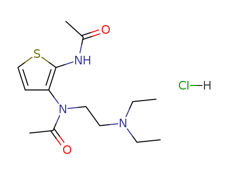 122777-84-8,N-[2-(acetylamino)thiophen-3-yl]-N-[2-(diethylamino)ethyl]acetamide hydrochloride,Acetamide,N-[2-(acetylamino)-3-thienyl]-N-[2-(diethylamino)ethyl]-, monohydrochloride(9CI)