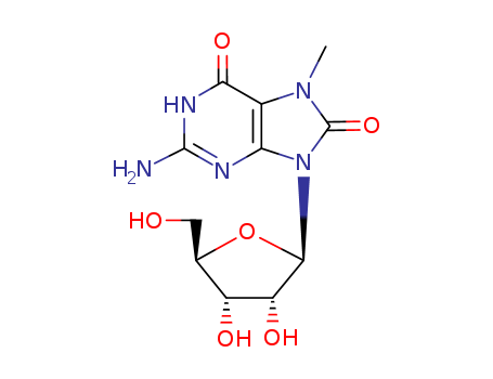 28007-87-6,7-methyl-8-oxoguanosine,Purine-6,8(1H,9H)-dione,2-amino-7-methyl-9-b-D-ribofuranosyl- (8CI); 7-Methyl-8-oxoguanosine; NSC 127522