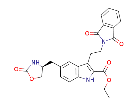 Molecular Structure of 868622-21-3 (ethyl (S)-3-[2-(1,3-dioxoisoindolin-2-yl)ethyl]-5-[(2-oxooxazolidin-4-yl)methyl]-1H-indole-2-carboxylate)
