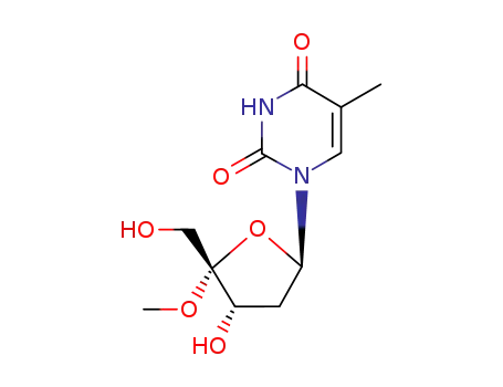 Molecular Structure of 140360-37-8 (1-[(2R,4S,5R)-4-hydroxy-5-(hydroxymethyl)-5-methoxytetrahydrofuran-2-yl]-5-methylpyrimidine-2,4(1H,3H)-dione (non-preferred name))