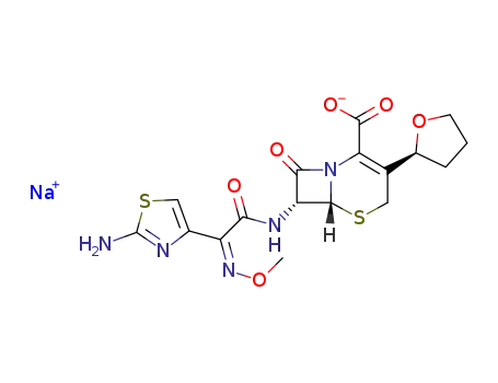 Molecular Structure of 141195-77-9 (sodium (6R,7R)-7-[[2-(2-amino-1,3-thiazol-4-yl)-2-methoxyimino-acetyl] amino]-8-oxo-3-[(2S)-oxolan-2-yl]-5-thia-1-azabicyclo[4.2.0]oct-2-ene- 2-carboxylate)