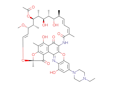Molecular Structure of 143526-65-2 ((2S,16Z,18E,20S,21S,22R,23R,24R,25S,26R,27S,28E)-10-(4-ethylpiperazin-1-yl)-5,12,21,23-tetrahydroxy-27-methoxy-2,4,16,20,22,24,26-heptamethyl-1,6,15-trioxo-1,2-dihydro-6H,13H-2,7-(epoxypentadeca[1,11,13]trienoazeno)[1]benzofuro[4,5-a]phenoxazin-25-yl acet)