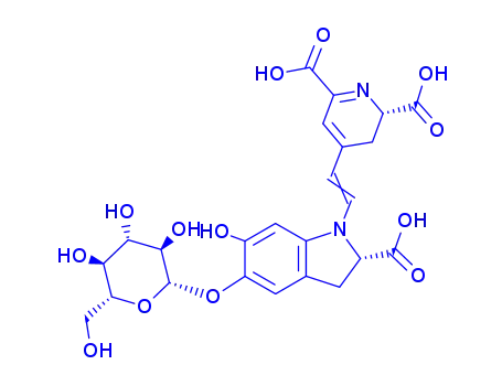 Molecular Structure of 7659-95-2 (2,6-Pyridinedicarboxylicacid, 4-[2-[(2S)-2-carboxy-5-(b-D-glucopyranosyloxy)-2,3-dihydro-6-hydroxy-1H-indol-1-yl]ethenyl]-2,3-dihydro-,(2S)-)