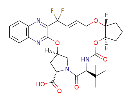 Molecular Structure of 1365970-48-4 ((33R,35S,91R,92R,5S,E)-5-(tert-butyl)-14,14-difluoro-4,7-dioxo-2,8,10-trioxa-6-aza-1(2,3)-quinoxalina-3(3,1)-pyrrolidina-9(1,2)-cyclopentanacyclotetradecaphan-12-ene-35-carboxylic acid)