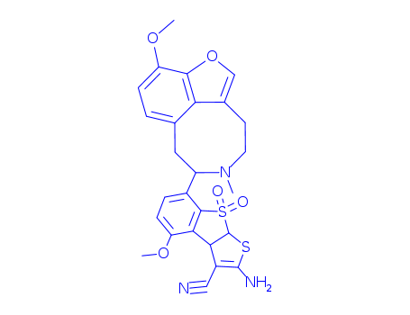 Thieno(2,3-b)(1)benzothiophene-3-carbonitrile, 3a,8a-dihydro-2-amino-4-methoxy-7-(10-methoxy-5-methyl-4,5,6,7-tetrahydro-3H-furo(4,3,2-fg)(3)benzazocin-6-yl)-, 8,8-dioxide