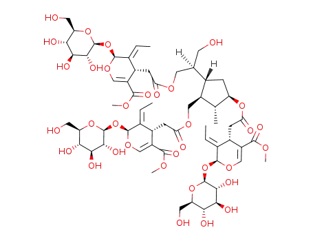 2H-Pyran-4-acetic acid,3-ethylidene-2-(b-D-glucopyranosyloxy)-3,4-dihydro-5-(methoxycarbonyl)-,[(1S,2R,3R,5R)-3-[[[(2S,3E,4S)-3-ethylidene-2-(b-D-glucopyranosyloxy)-3,4-dihydro-5-(methoxycarbonyl)-2H-pyran-4-yl]acetyl]oxy]-5-[(1S)-2-[[[(2S,3E,4S)-3-ethylidene-2-(b-D-glucopyranosyloxy)-3,4-dihydro-5-(methoxycarbonyl)-2H-pyran-4-yl]acetyl]oxy]-1-(hydroxymethyl)ethyl]-2-methylcyclopentyl]methylester, (2S,3E,4S)- (9CI)