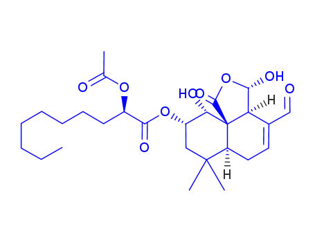Molecular Structure of 158760-98-6 ((3S,6aS,9S,10R,10aR)-4-formyl-3,10-dihydroxy-7,7-dimethyl-1-oxo-3,3a,6,6a,7,8,9,10-octahydronaphtho[1,8a-c]furan-9-yl 2-(acetyloxy)decanoate)