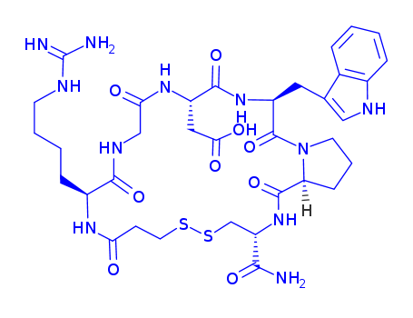 188627-80-7,Eptifibatide,IntegratorsIntegrelin;L-Cysteinamide,N6-(aminoiminomethyl)-N2- (3-mercapto-1-oxopropyl)-L-lysylglycyl-L-Raspartyl- L-tryptophyl-L-prolyl-,cyclic (1f6)-disulfide;L-Cysteinamide, N6-(aminoiminomethyl)-N2-(3-mercapto-1-oxopropyl)-L-lysylglycyl-L-a-aspartyl-L-tryptophyl-L-prolyl-, cyclic (1?)-disulfide;2-[20-carbamoyl-12-[4-(diaminomethylideneamino)butyl]-3-(1H-indol-3-ylmethyl)-2,5,8,11,14,22-hexaoxo-17,18-dithia-1,4,7,10,13,21-hexazabicyclo[21.3.0]hexacos-6-yl]acetic acid;Integrilin;Integrelin;L-Cysteinamide, N6-(aminoiminomethyl)-N2-(3-mercapto-1-oxopropyl)-L-lysylglycyl-L-alpha-aspartyl-L-tryptophy-L-prolyl-, cyclic (1-6)-disulfide;