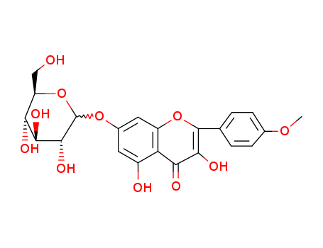 16290-08-7,7-[(β-D-Glucopyranosyl)oxy]-3,5-dihydroxy-4'-methoxyflavone,Mumenin(6CI,8CI); Kaempferide 7-O-glucoside; Kaempferide 7-O-b-D-glucopyranoside; Kaempferide7-glucoside