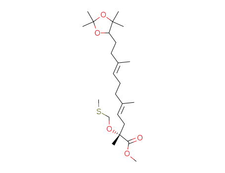 Molecular Structure of 868784-07-0 ((4E,8E)-(R)-2,5,9-Trimethyl-2-methylsulfanylmethoxy-11-(2,2,5,5-tetramethyl-[1,3]dioxolan-4-yl)-undeca-4,8-dienoic acid methyl ester)