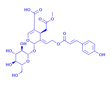 Molecular Structure of 188300-82-5 (2H-Pyran-4-acetic acid,5-carboxy-2-(â-D-glucopyranosyloxy)- 3,4-dihydro-3-[2-[[(2E)-3-(4-hydroxyphenyl)- 1-oxo-2-propenyl]oxy]ethylidene]-,R-methyl ester,(2S,3E,4S)- )