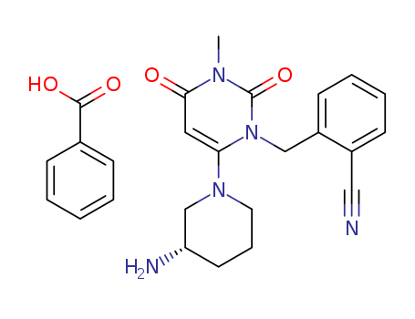 850649-62-6,Alogliptin benzoate,Alogliptin;2-[[6-[(3R)-3-Amino-1-piperidinyl]-3,4-dihydro-3-methyl-2,4-dioxo-1(2H)-pyrimidinyl]methyl]benzonitrile benzoate;6-((3R)-3-aminopiperidin-1-yl)-1-(2-cyanobenzyl)-3-methylpyrimidin-2,4(1H,3H)-dione monobenzoate;