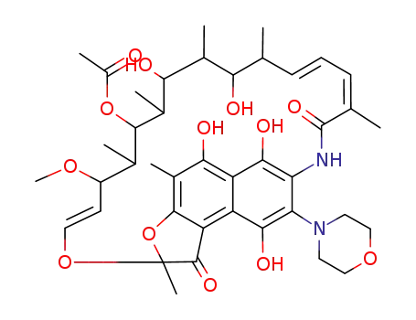 Molecular Structure of 16286-09-2 ((14E,24E)-5,6,9,17,19-pentahydroxy-23-methoxy-2,4,12,16,18,20,22-heptamethyl-8-morpholin-4-yl-1,11-dioxo-1,2-dihydro-2,7-(epoxypentadeca[1,11,13]trienoimino)naphtho[2,1-b]furan-21-yl acetate)