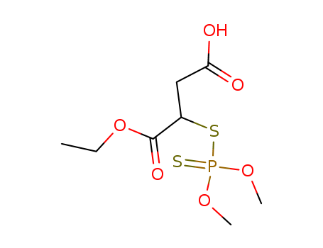 1642-51-9,Malathion β-Monoacid,Butanedioicacid, [(dimethoxyphosphinothioyl)thio]-, 1-ethyl ester (9CI); Succinic acid, mercapto-,1-ethyl ester, S-ester with O,O-dimethyl phosphorodithioate (8CI);Phosphorodithioic acid, O,O-dimethyl ester, S-ester with 1-ethylmercaptosuccinate (8CI); Malathion half-ester; Malathion monoacid; Malathion b-monoacid; Malathion b-monocarboxylic acid;O,O-Dimethyl S-(1-carbethoxy-2-carboxy)ethyl phosphorodithioate; O,O-DimethylS-(1-carboethoxy-2-carboxy)ethyl phosphorodithioate;S-[2-Carboxy-1-(ethoxycarbonyl)ethyl]O,O-di-methyl phosphorodithioate