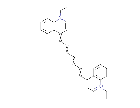 19764-90-0,XENOCYANINE,1-Ethyl-4-[7-(1-ethyl-4(1H)-quinolylidene)-1,3,5-heptatrienyl]quinoliniumiodide (7CI); Quinolinium,1-ethyl-4-[7-(1-ethyl-4(1H)-quinolinylidene)-1,3,5-heptatrienyl]-, iodide(9CI); Quinolinium,1-ethyl-4-[7-(1-ethyl-4(1H)-quinolylidene)-1,3,5-heptatrienyl]-, iodide (8CI);1,1'-Diethyl-4,4'-quinotricarbocyanine iodide; 4,4'-Quinotricarbocyanineiodide; 4,4'-Quinotricarbocyanine iodide, 1,1'-diethyl-; NK 124; NK 124 (dye);Xenocyanine