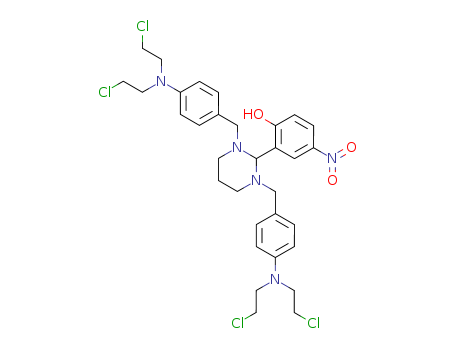 Phenol,2-[1,3-bis[[4-[bis(2-chloroethyl)amino]phenyl]methyl]hexahydro-2-pyrimidinyl]-4-nitro- cas  16757-47-4