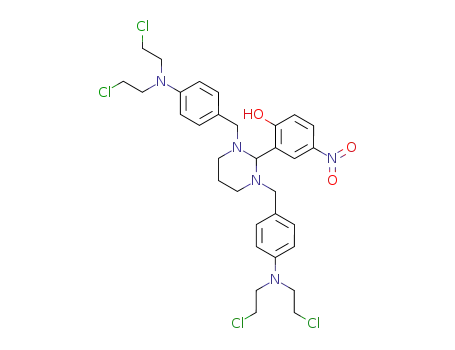 Molecular Structure of 16757-47-4 (2-[1,3-bis[[4-[bis(2-chloroethyl)amino]phenyl]methyl]-1,3-diazinan-2-yl]-4-nitro-phenol)