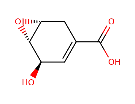 Molecular Structure of 171596-14-8 (7-OXABICYCLO[4.1.0]HEPT-3-ENE-3-CARBOXYLIC ACID, 5-HYDROXY-, (1R,5S,6S)-)