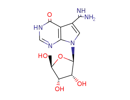 Molecular Structure of 22242-93-9 (4-Oxo-7-(beta-D-ribofuranosyl)-4,7-dihydro-3H-pyrrolo[2,3-d]pyrimidine-5-carboxamidine)