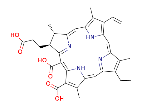 22006-68-4,chlorin p6,2,20-Porphinedicarboxylicacid, 18a-(2-carboxyethyl)-7-ethyl-17,18-dihydro-3,8,13,17b-tetramethyl-12-vinyl- (8CI);21H,23H-Porphine-2,20-dicarboxylic acid,18-(2-carboxyethyl)-12-ethenyl-7-ethyl-17,18-dihydro-3,8,13,17-tetramethyl-,(17S-trans)-; Chlorin p6