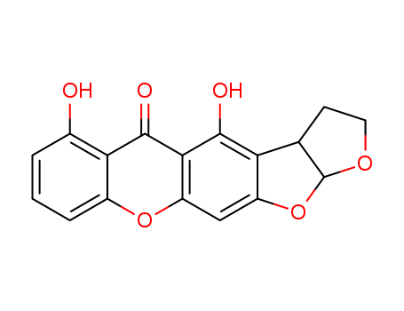 Molecular Structure of 101489-26-3 (5H-Furo[3',2':4,5]furo[3,2-b]xanthen-5-one,2,3,3a,12a-tetrahydro-4,6-dihydroxy-, (3aS-cis)- (9CI))