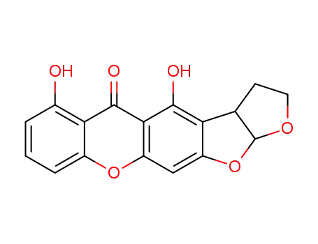 Molecular Structure of 101489-26-3 (5H-Furo[3',2':4,5]furo[3,2-b]xanthen-5-one,2,3,3a,12a-tetrahydro-4,6-dihydroxy-, (3aS-cis)- (9CI))