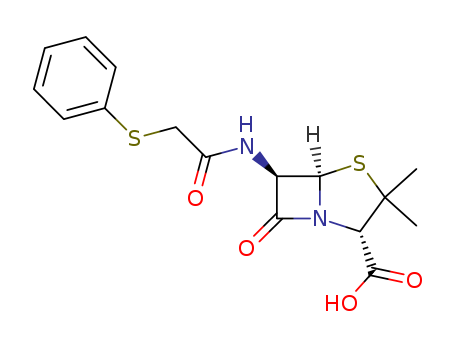 26552-51-2,6α-[[(Phenylthio)acetyl]amino]penicillanic acid,4-Thia-1-azabicyclo[3.2.0]heptane-2-carboxylicacid, 3,3-dimethyl-7-oxo-6-[2-(phenylthio)acetamido]- (6CI,7CI,8CI);4-Thia-1-azabicyclo[3.2.0]heptane-2-carboxylic acid,3,3-dimethyl-7-oxo-6-[[(phenylthio)acetyl]amino]-, (2S,5R,6R)- (9CI);4-Thia-1-azabicyclo[3.2.0]heptane-2-carboxylic acid, 3,3-dimethyl-7-oxo-6-[[(phenylthio)acetyl]amino]-,[2S-(2a,5a,6b)]-; (Phenylthiomethyl)penicillin;3,3-Dimethyl-7-oxo-6-[2-(phenylthio)acetamido]-4-thia-1-azabicyclo-[3.2.0]heptane-2-carboxylicacid; Penicillin, [(phenylthio)methyl]-; Phenylmercaptomethylpenicillin;Thiphencillin; Tifencillin