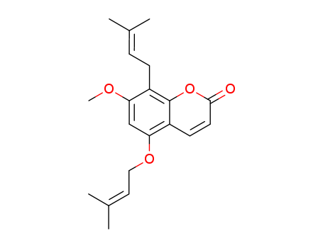 26481-11-8,7-Methoxy-8-(3-methyl-2-butenyl)-5-[(3-methyl-2-butenyl)oxy]-2H-1-benzopyran-2-one,2H-1-Benzopyran-2-one,7-methoxy-8-(3-methyl-2-butenyl)-5-[(3-methyl-2-butenyl)oxy]- (9CI); Coumarin,7-methoxy-8-(3-methyl-2-butenyl)-5-[(3-methyl-2-butenyl)oxy]- (8CI);Sesibiricin