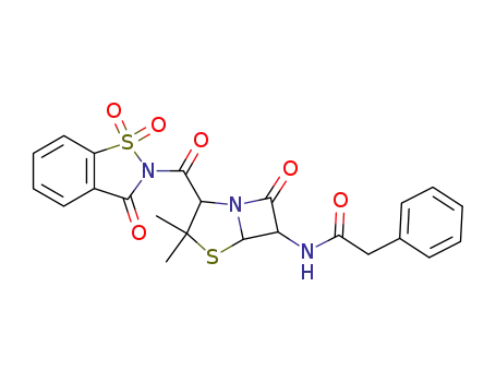 Molecular Structure of 27255-81-8 (2-[[(2S,5β)-3,3-Dimethyl-7-oxo-6α-[(2-phenylacetyl)amino]-4-thia-1-azabicyclo[3.2.0]heptan-2β-yl]carbonyl]-3-oxo-2,3-dihydro-1,2-benzisothiazole 1,1-dioxide)