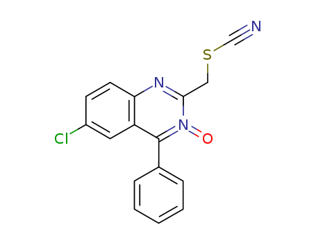 27020-28-6,(6-chloro-3-oxido-4-phenylquinazolin-2-yl)methyl thiocyanate,Thiocyanicacid, (6-chloro-4-phenyl-2-quinazolinyl)methyl ester 3-oxide (8CI); Thiocyanicacid, (6-chloro-4-phenyl-2-quinazolinyl)methyl ester, N-oxide; Quinazoline,6-chloro-4-phenyl-2-(thiocyanatomethyl)-, 3-oxide (8CI); NSC 286151