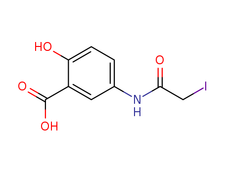 36930-65-1,5-iodoacetamidosalicylic acid,Benzoicacid, 2-hydroxy-5-[(iodoacetyl)amino]- (9CI); Salicylic acid,5-(2-iodoacetamido)- (7CI); 5-Iodoacetamido salicylic acid; NSC 55321