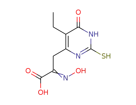 Molecular Structure of 3310-26-7 (3-(5-ethyl-6-oxo-2-thioxo-1,2,3,6-tetrahydropyrimidin-4-yl)-2-(hydroxyimino)propanoic acid)