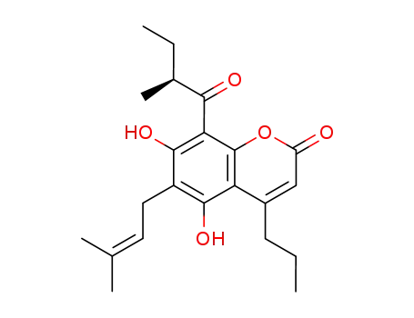 Molecular Structure of 5022-20-8 (4-Propyl-5,7-dihydroxy-6-(3-methyl-2-butenyl)-8-(2-methylbutyryl)-2H-1-benzopyran-2-one)