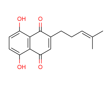 43043-74-9,DEOXYSHIKONIN,1,4-Naphthalenedione,5,8-dihydroxy-2-(4-methyl-3-pentenyl)- (9CI); Alkannin, deoxy-; Arnebin 7; ArnebinVII; Deoxyalkannin; Deoxyshikonin; NSC 179184; Shikonin, deoxy-