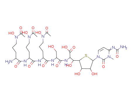 82113-67-5,Heptofuranuronic acid,6-[[N-[N5-acetyl-N2- [N5-acetyl-N2-(N5-acetyl-N5-hydroxyornithyl)- N5-hydroxyornithyl]-N5-hydroxyornithyl] seryl]amino]-1-[4-[(aminocarbonyl)- imino]-3,4-dihydro-3-methyl-2-oxo-1(2H)- pyrimidinyl]-1,6-dideoxy-4-thio- ,