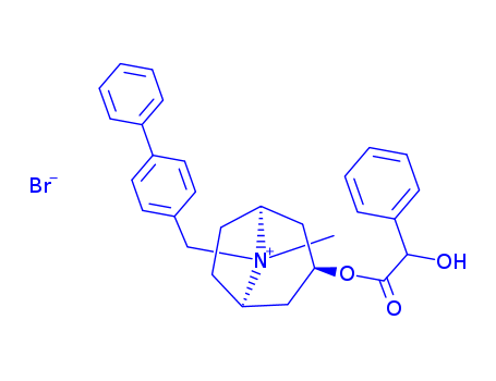 63977-79-7,8-(biphenyl-4-ylmethyl)-3-{[hydroxy(phenyl)acetyl]oxy}-8-methyl-8-azoniabicyclo[3.2.1]octane bromide,8-Azoniabicyclo[3.2.1]octane,8-([1,1'-biphenyl]-4-ylmethyl)-3-[(hydroxyphenylacetyl)oxy]-8-methyl-, bromide(9CI)