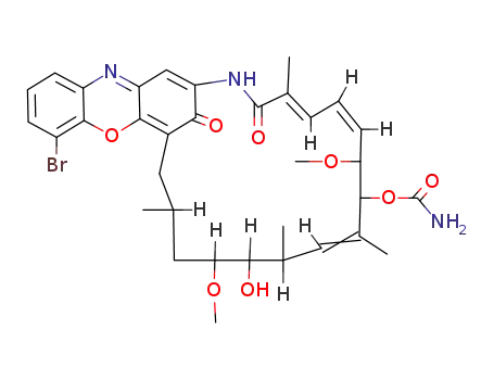 Molecular Structure of 64202-82-0 ((2E)-21-bromo-14-hydroxy-9,15-dimethoxy-5,11,13,17-tetramethyl-4,26-dioxo-4,9,10,13,14,15,16,17,18,25-decahydro-2,19-methanoazacyclohenicosino[5,4-b][1,4]benzoxazin-10-yl carbamate)