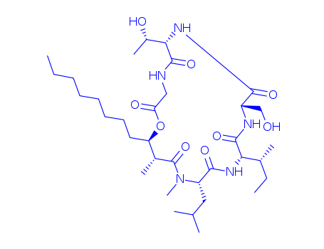 69639-47-0,Cyclo[Gly-3-hydroxy*-2-methyl-1-oxoundecyl-N-methyl-L-Leu-L-aIle-L-Ser-L-aThr-],Glycine,N-[N-[N-[N-[N-(3-hydroxy-2-methyl-1-oxoundecyl)-N-methyl-L-leucyl]-L-alloisoleucyl]-L-seryl]-L-allothreonyl]-,r-lactone;1-Oxa-4,7,10,13,16-pentaazacyclononadecane, cyclic peptide deriv.; AntibioticSF 1902A5