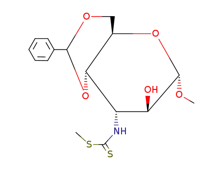 Molecular Structure of 6635-77-4 (methyl 3-deoxy-3-{[(methylsulfanyl)carbonothioyl]amino}-4,6-O-(phenylmethylidene)hexopyranoside)
