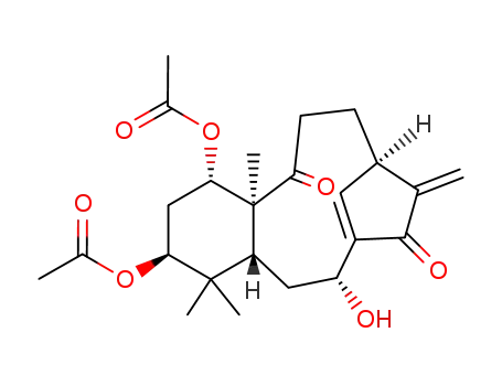 Molecular Structure of 71503-81-6 (6-hydroxy-4,4,13a-trimethyl-9-methylidene-8,13-dioxotetradecahydro-10,7-(metheno)benzo[11]annulene-1,3-diyl diacetate)