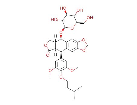 Molecular Structure of 73839-74-4 ((5R,5aα)-5,8,8aβ,9-Tetrahydro-9β-(β-D-glucopyranosyloxy)-5β-[3,5-dimethoxy-4-(3-methylbutoxy)phenyl]furo[3',4':6,7]naphtho[2,3-d]-1,3-dioxol-6(5aH)-one)